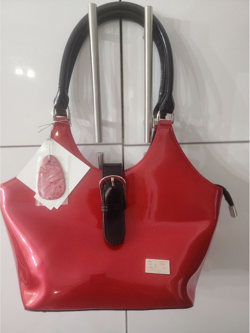 Beijo Red Patent Leather Tote Bag with Black Handles and Buckle Accent New
